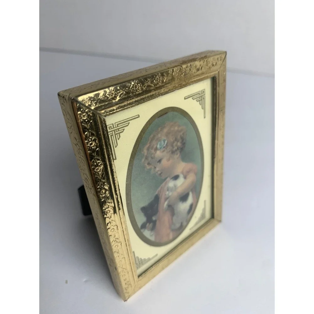 Vintage Decorel Gold Tone Miniature Picture Frame Girl with Puppy‎ and Kitten